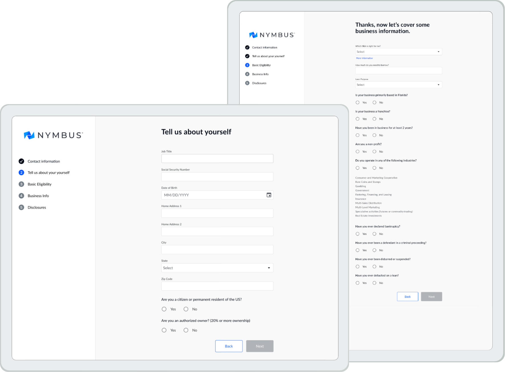 Screenshots of Nymbus lending applications